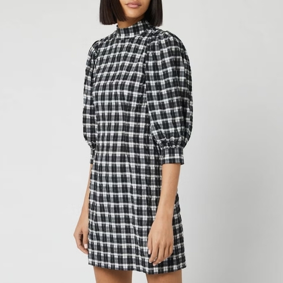 GANNI Check Puffy Long Sleeves Mini Dress 40 - Picture 1 of 9